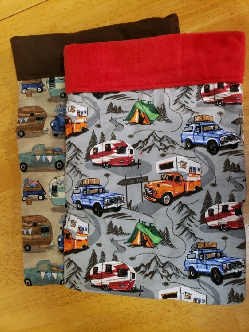 A close up of two bags with cars on them