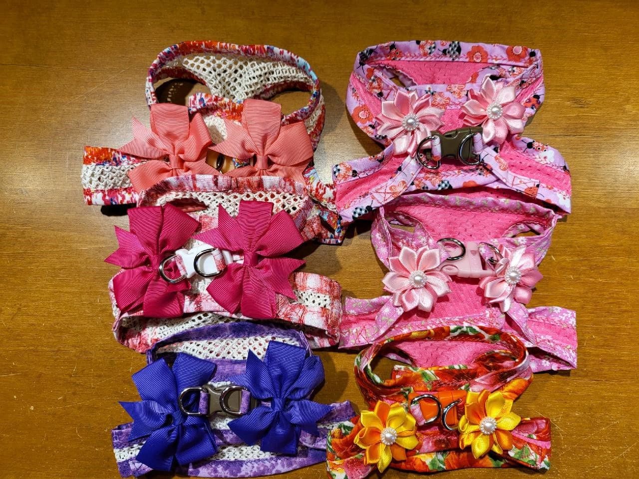 A group of six different colored dog collars.