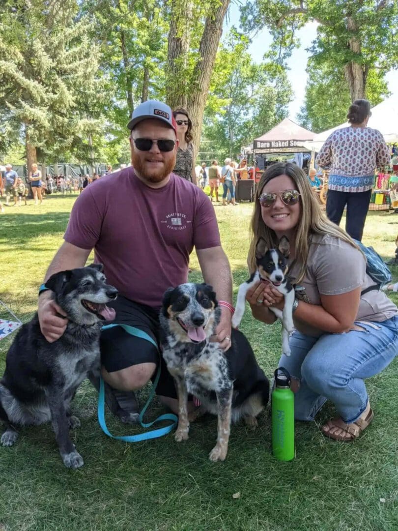 A man and woman with two dogs in the grass.