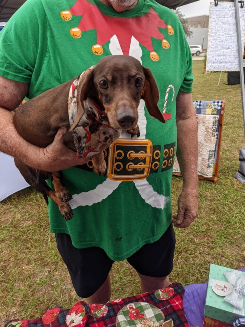 A man holding his dog in a christmas shirt.