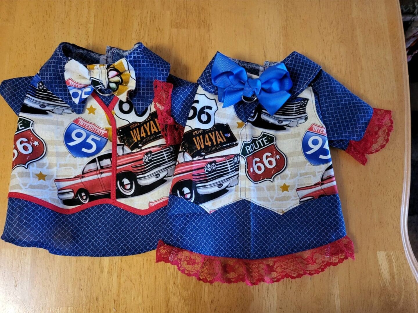 A pair of jackets with cars and route 6 6 on them.